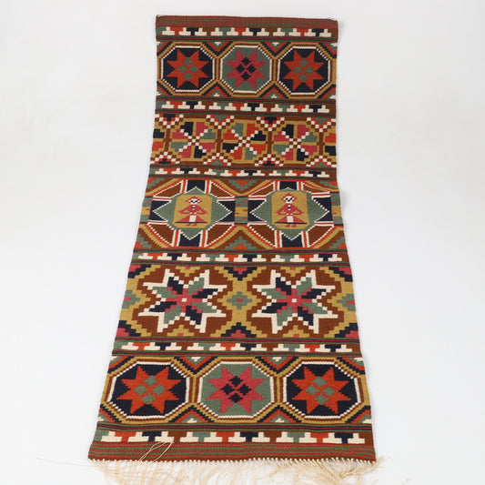 Handwoven Swedish Rölakan Wall Tapestry featuring Nordic folk art patterns in warm vintage Scandinavian decor colors. Timeless Charm.