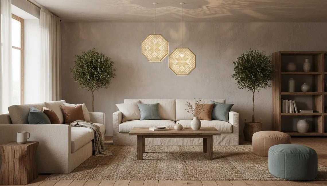 Vintage Swedish Crochet Pendant Lamps – Boho Lace Ceiling Lights, Set of 2, authentic vintage with timeless charm in a cozy living room.