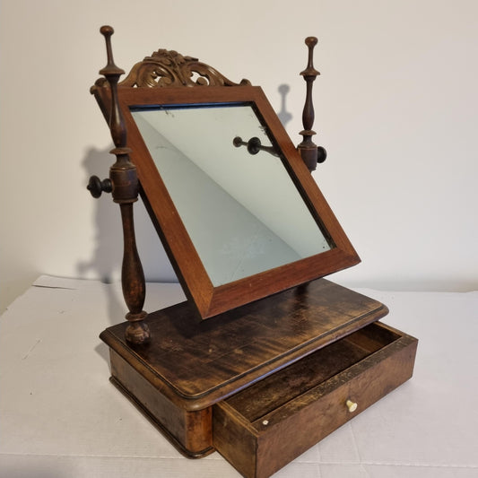 Antique Swedish Shaving Mirror: Turned Wood Swivel Stand & Drawer with carved details and vintage finish