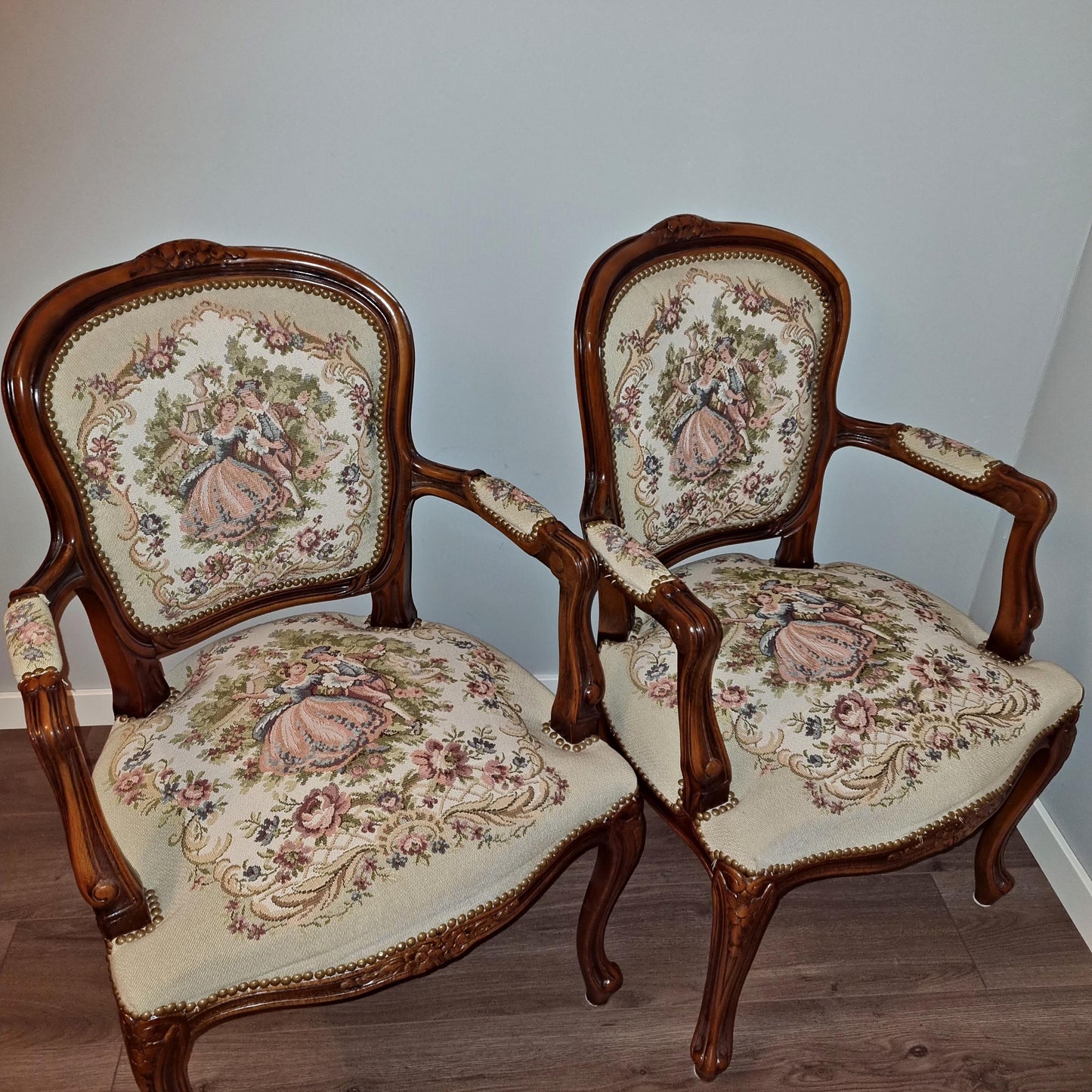 Pair of vintage needlepoint armchairs with ornate wood frames from Louis XV–Style Dining Set | Extendable table with 4 Needlepoint Armchairs -Rococo dining set
