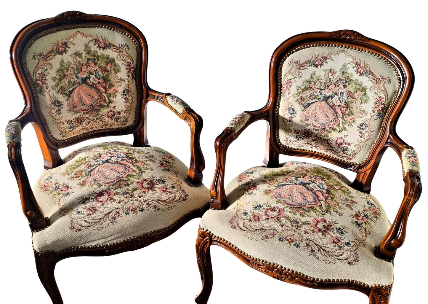 Pair of Louis XV–Style Dining Set | Extendable table with 4 Needlepoint Armchairs -Rococo dining set featuring vintage floral needlepoint upholstery