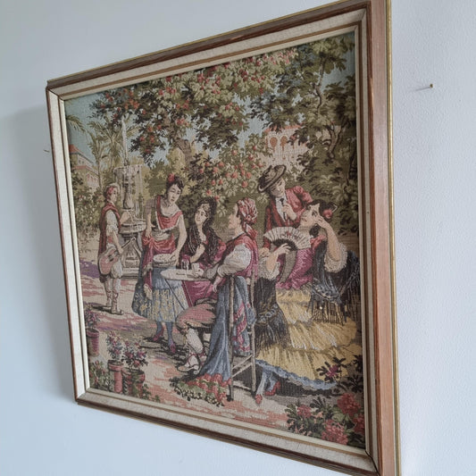 Vintage Framed Tapestry of Victorian Scene with Floral Details; Needlework showing elegant figures in lush garden setting
