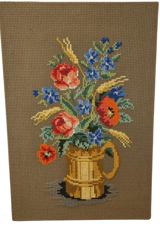 Scandinavian Hand-Embroidered Floral Large Wall Art - Unique Decorative Piece ,1960s,1970s with colorful flowers in a basket design