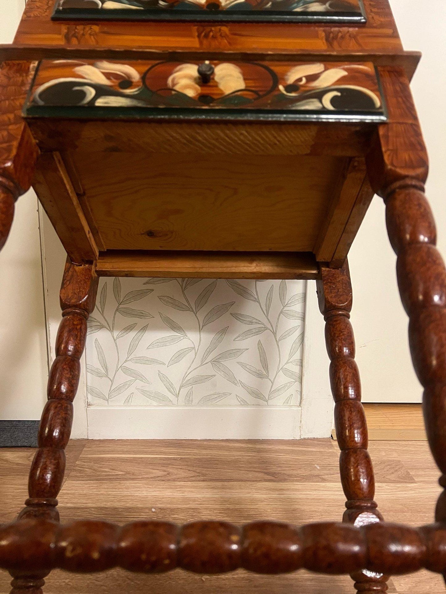 Vintage Kurbitsmaleri Sewing Chest: Swedish Dalarna Folk Art, 1944 with intricate floral hand-painted drawer and turned legs
