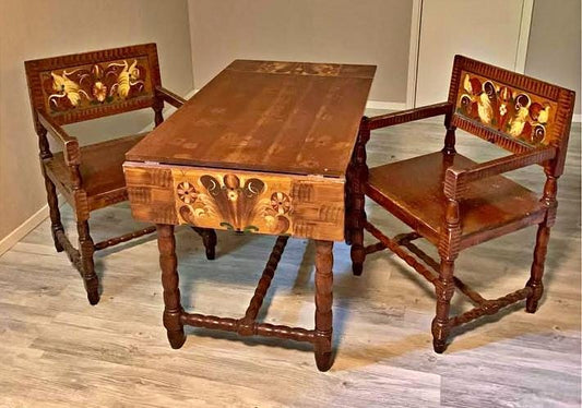 Antique Swedish Drop-Leaf Dining Set: Hand-Painted Kurbits Folk Art, Circa 1900 with carved wood chairs and table