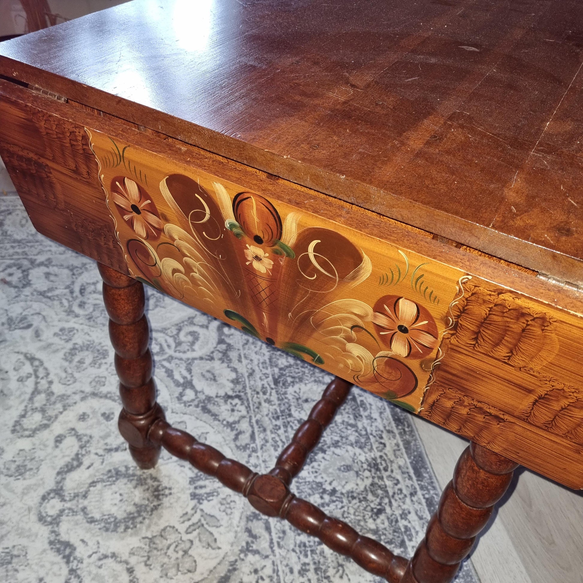 Antique Swedish Drop-Leaf Dining Set: Hand-Painted Kurbits Folk Art, Circa 1900 wood table with floral folk designs