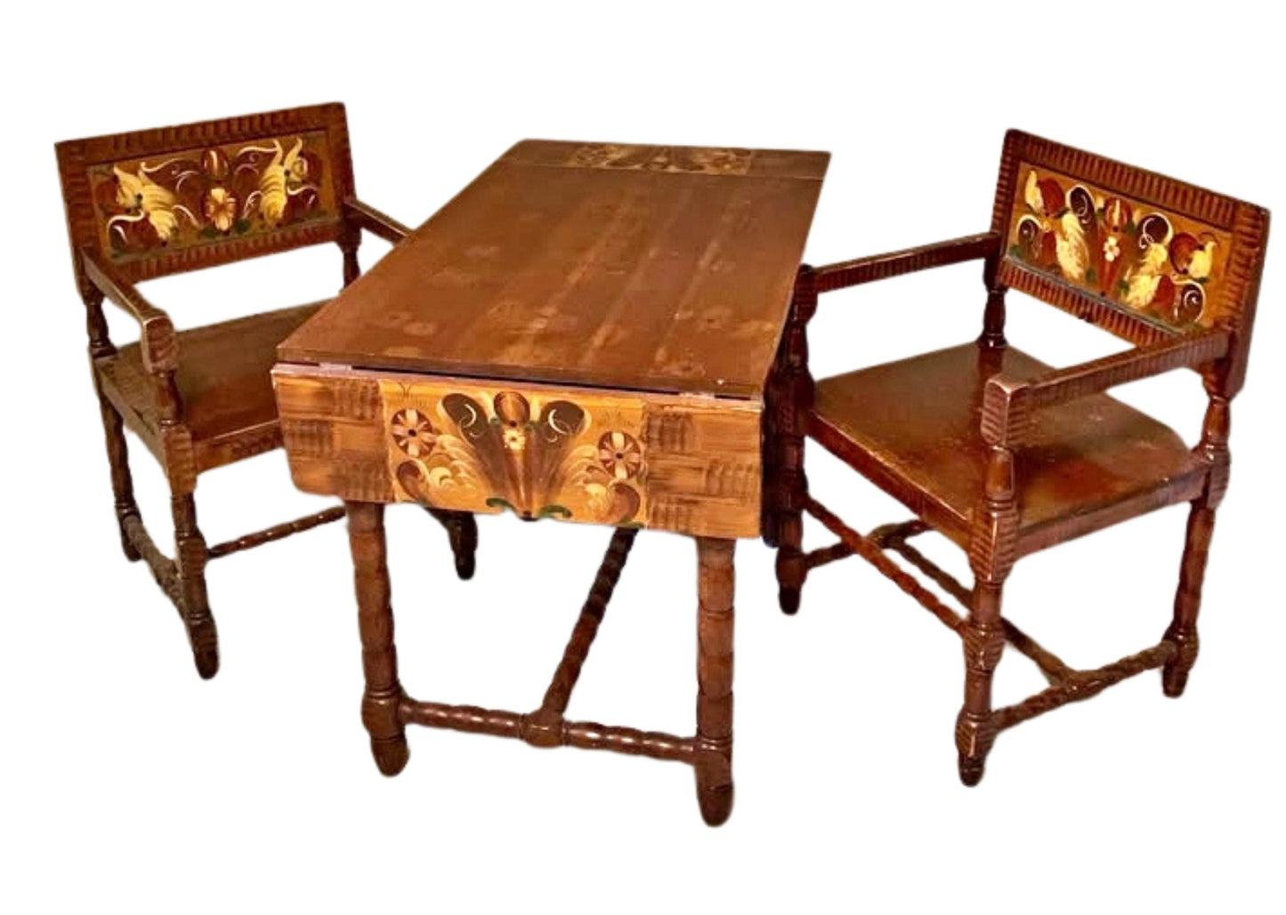 Antique Swedish Drop-Leaf Dining Set: Hand-Painted Kurbits Folk Art, Circa 1900 with carved wood details and floral motifs