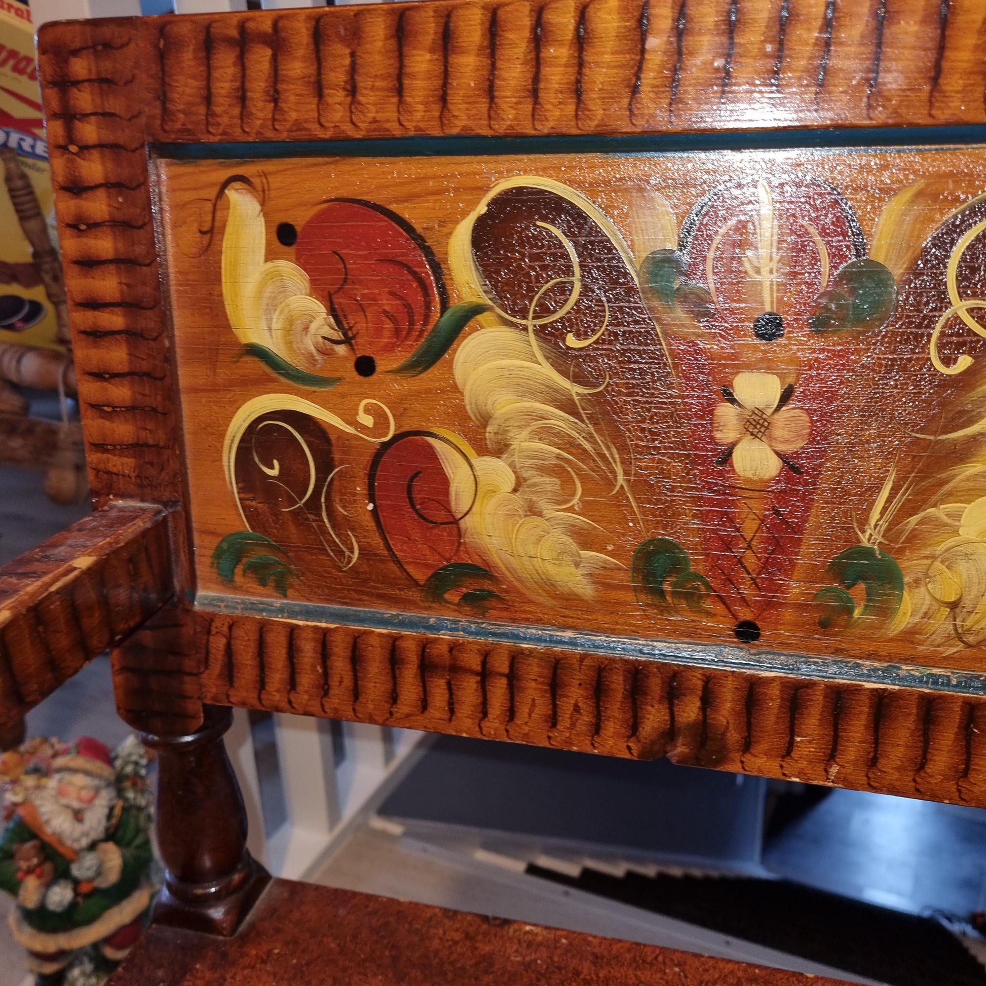 Antique Swedish Drop-Leaf Dining Set: Hand-Painted Kurbits Folk Art, Circa 1900 with detailed floral wood carving