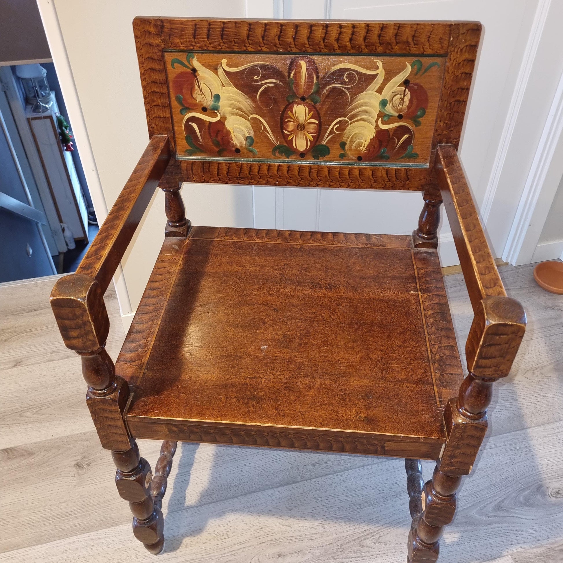 Antique Swedish Drop-Leaf Dining Set: Hand-Painted Kurbits Folk Art, Circa 1900 wooden chair with detailed folk art backrest