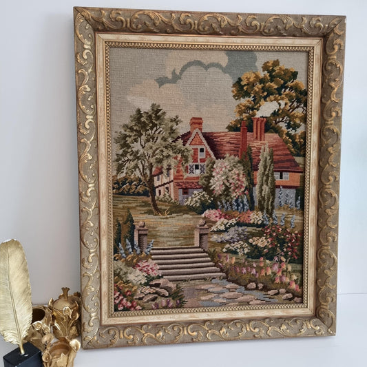 Antique Wool Needlepoint Tapestry in Gilded Baroque Frame - Victorian Cottage Sc — framed vintage Scandinavian textile art, handmade in Sweden