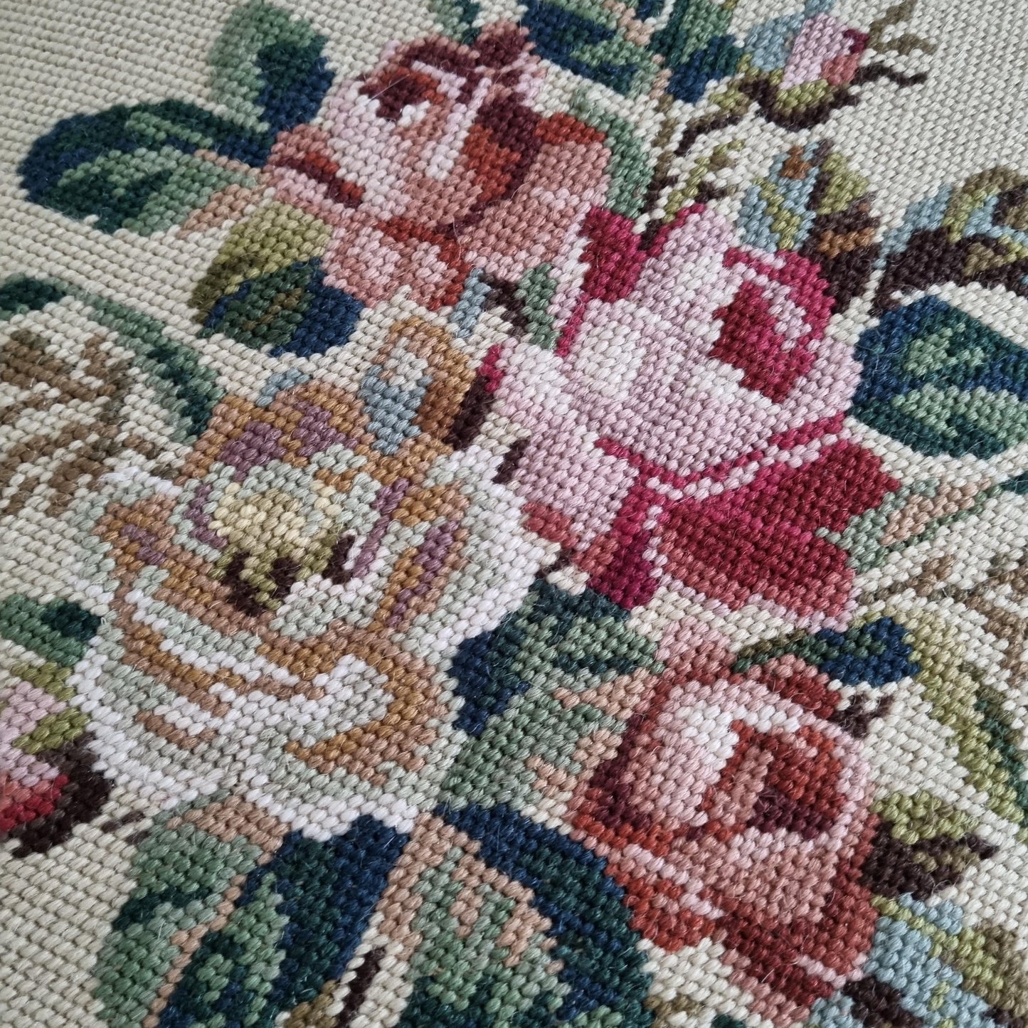 Vintage Chair – 1920s Swedish Painted Wood with Floral Needlepoint Upholstery | 1 or Pair Available close-up of floral needlepoint fabric detail