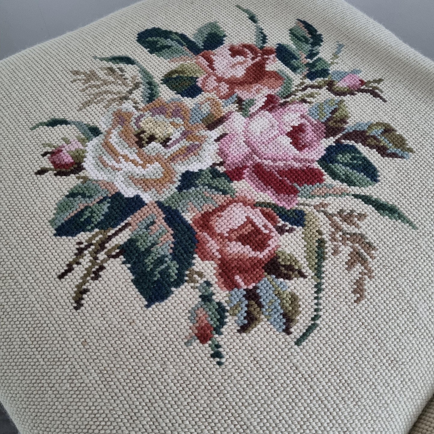 Floral needlepoint upholstery detail on Vintage Chair – 1920s Swedish Painted Wood with Floral Needlepoint Upholstery | 1 or Pair Available