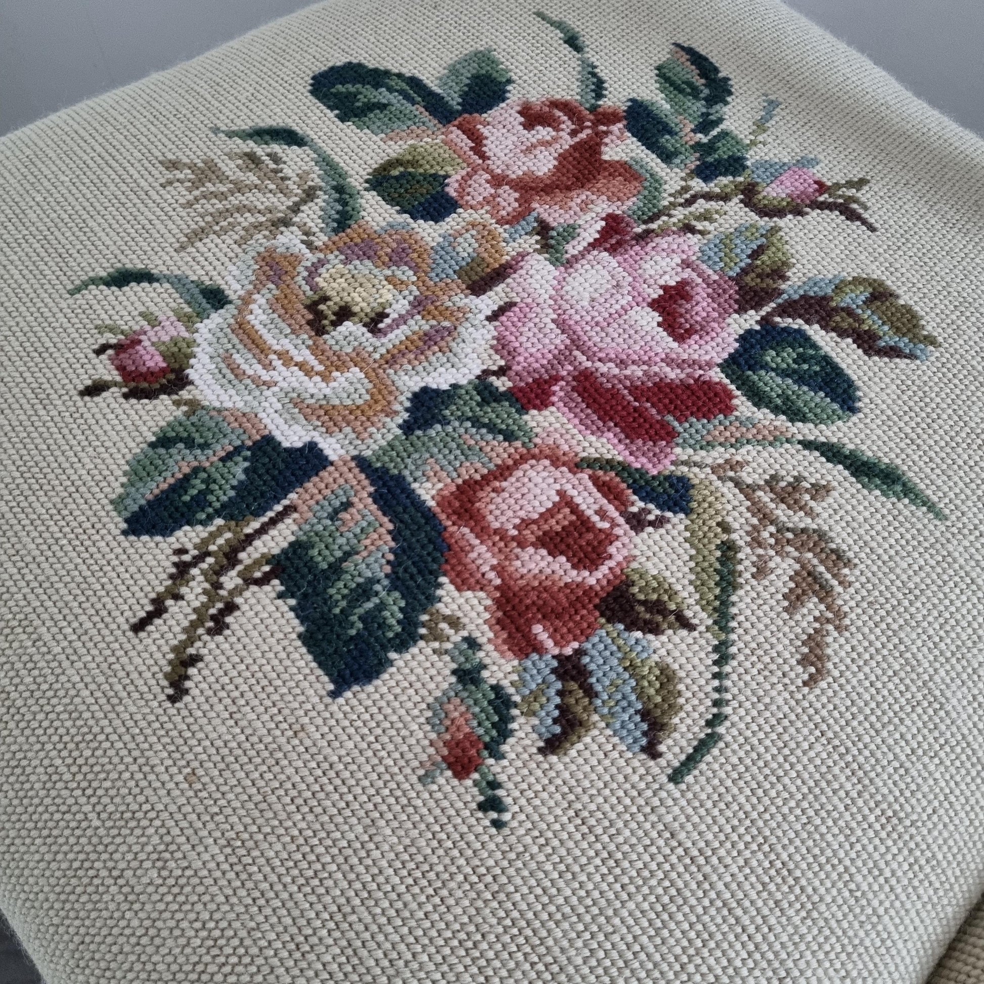 Floral needlepoint upholstery detail on Vintage Chair – 1920s Swedish Painted Wood with Floral Needlepoint Upholstery | 1 or Pair Available