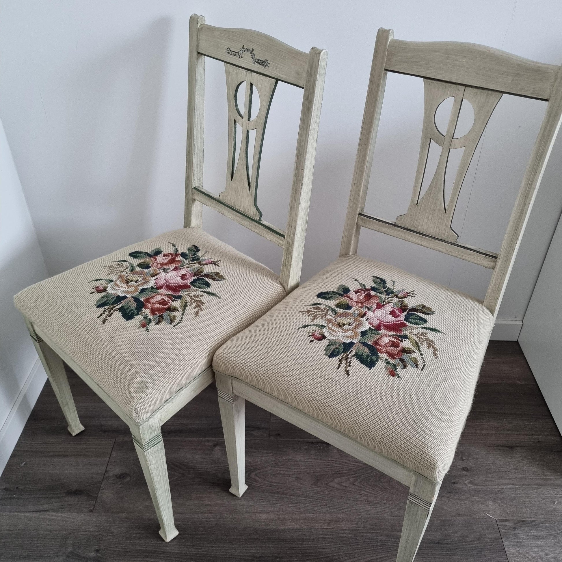 Vintage Chair – 1920s Swedish Painted Wood with Floral Needlepoint Upholstery | 1 or Pair Available, floral seats