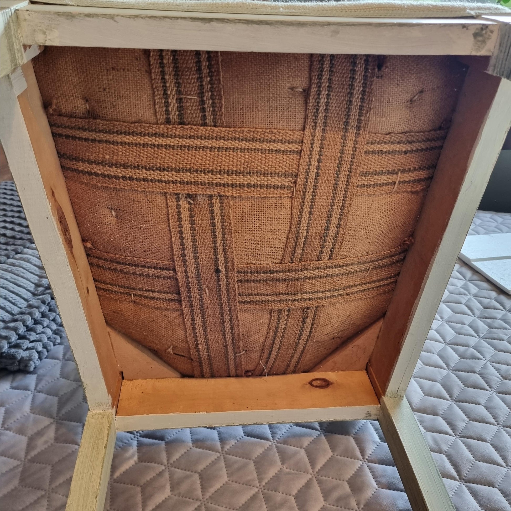 Vintage Chair – 1920s Swedish Painted Wood with Floral Needlepoint Upholstery | 1 or Pair Available viewed from underside showing craftsmanship and webbing detail