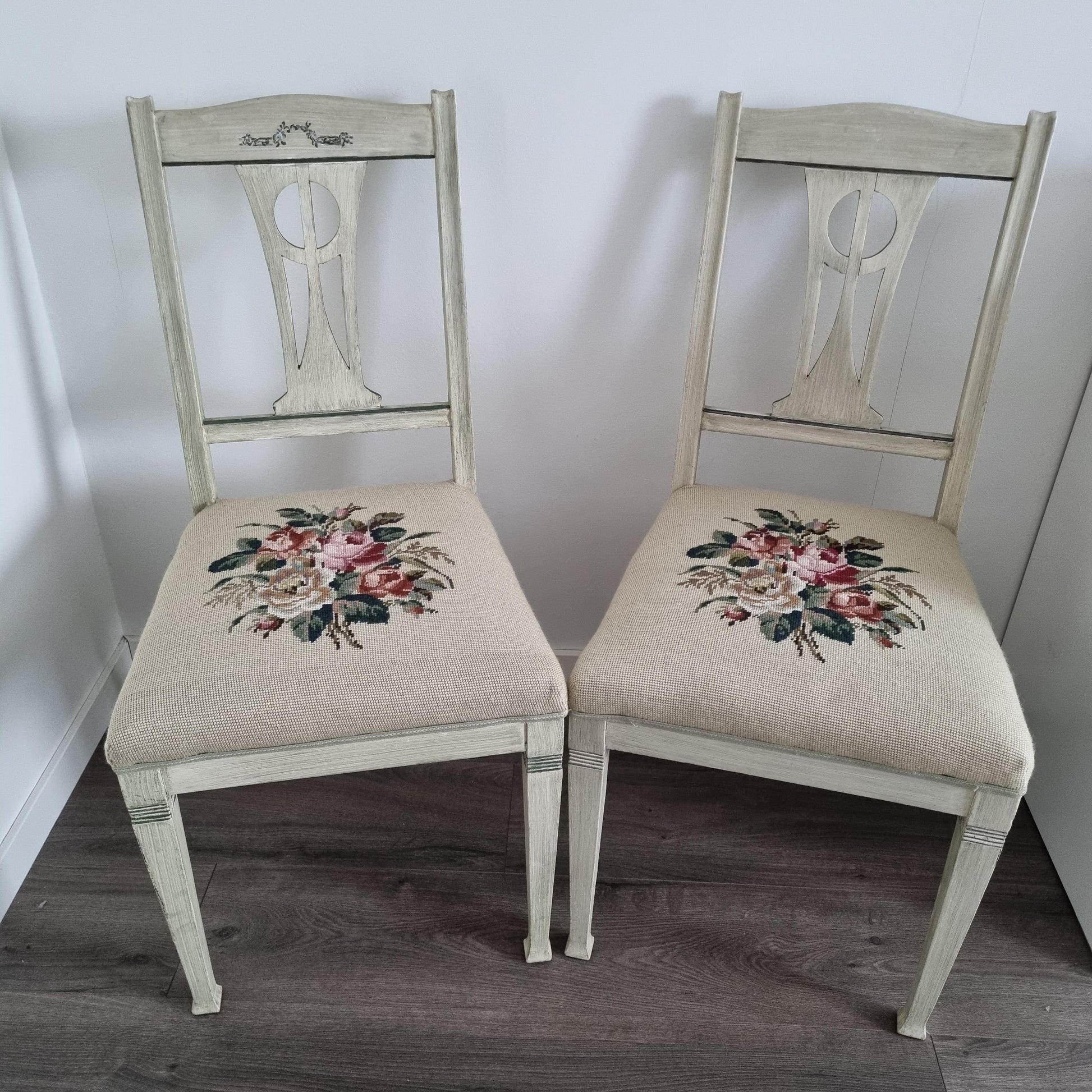 Pair of Vintage Chair – 1920s Swedish Painted Wood with Floral Needlepoint Upholstery | 1 or Pair Available