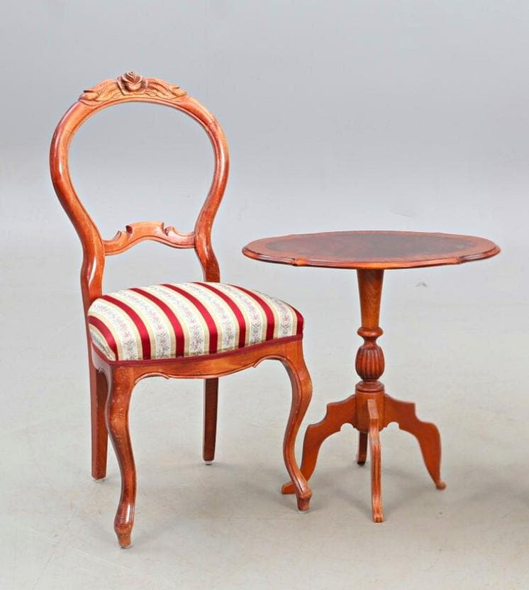 Antique Victorian Chair & Side Table Set with carved wooden frame and striped upholstered seat in classic vintage style