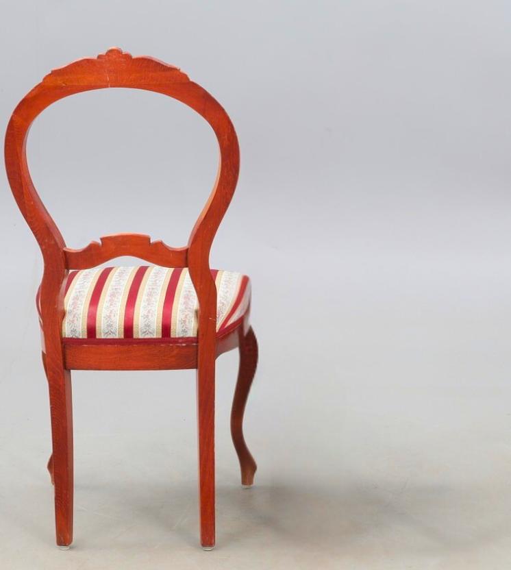 Antique Victorian Chair & Side Table Set with carved wooden frame and red striped upholstered seat vintage furniture