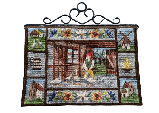 Vintage Swedish Wall Hanging – Embroidered Folk Art with Nils Holgersson Motif, Nordic Boho Decor featuring rustic farm scenes and flowers