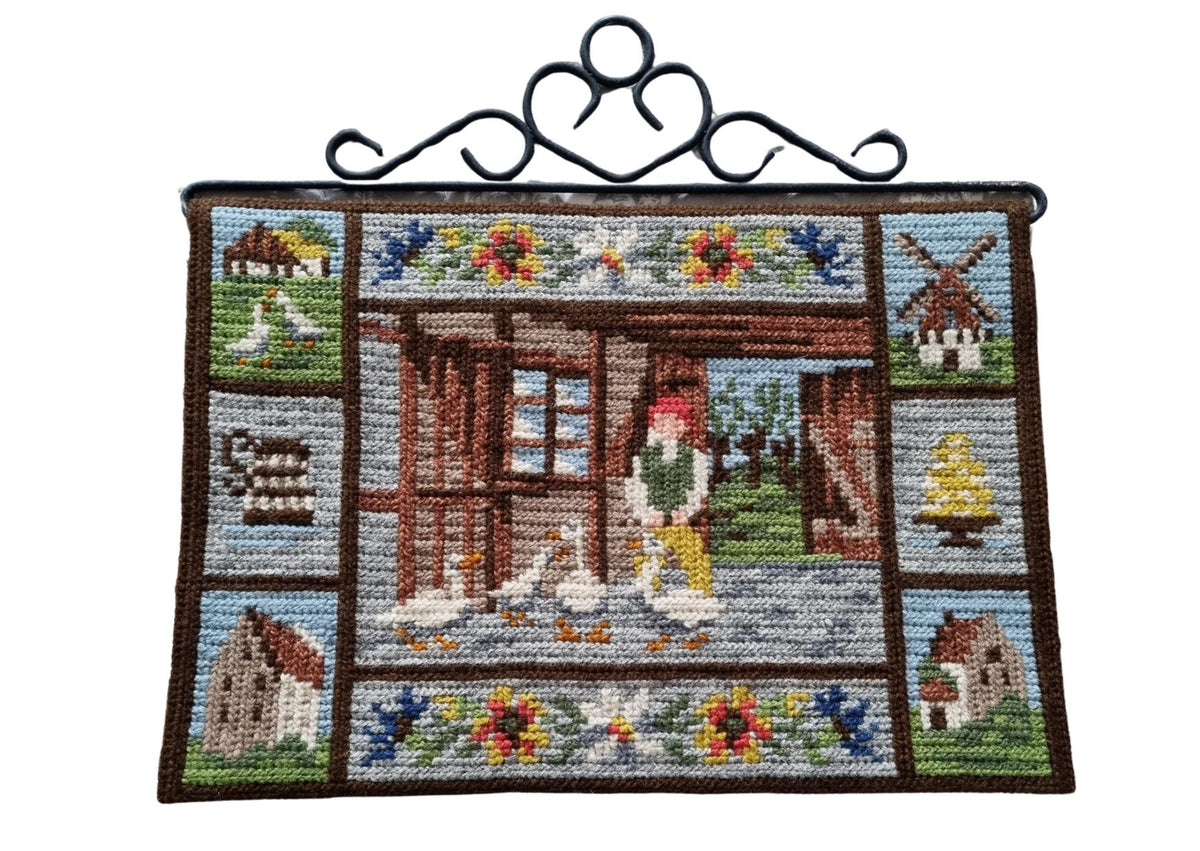 Swedish Wall Hanging – Embroidered Folk Art with Nils Holgersson Motif, Nordic Boho Decor