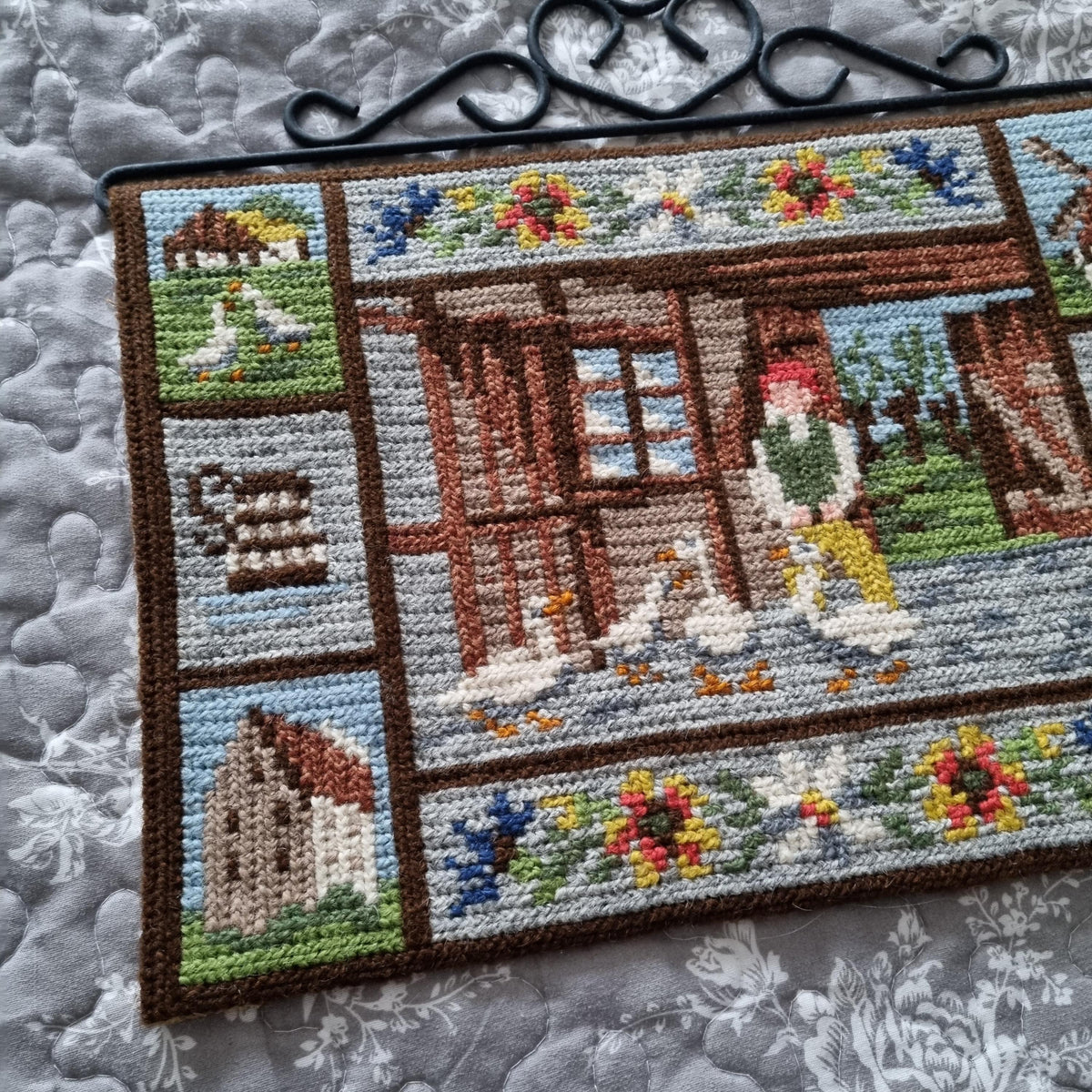 Swedish Wall Hanging – Embroidered Folk Art with Nils Holgersson Motif, Nordic Boho Decor