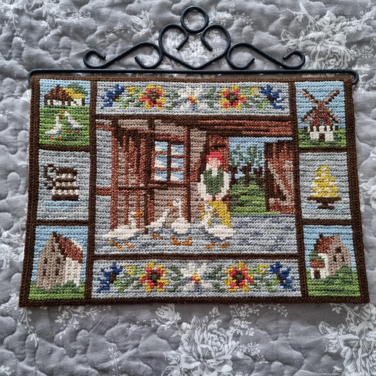Swedish Wall Hanging – Embroidered Folk Art with Nils Holgersson Motif, Nordic Boho Decor