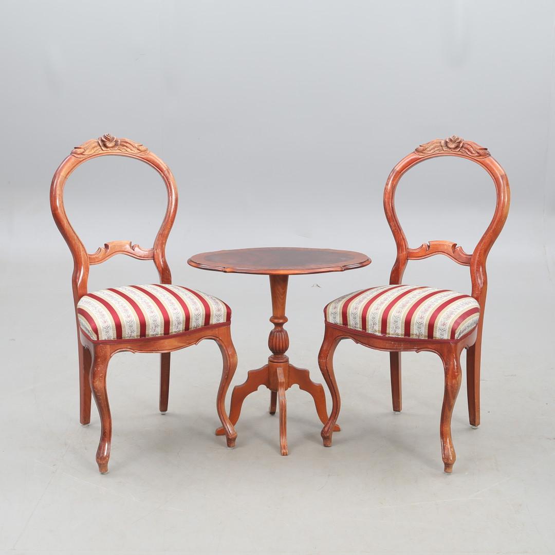 Antique Victorian Chair & Side Table Set with carved wood and striped upholstered seats in vintage style