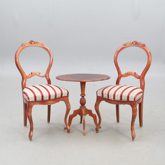 Antique Victorian Chair & Side Table Set with carved wood and striped upholstered seats in vintage style