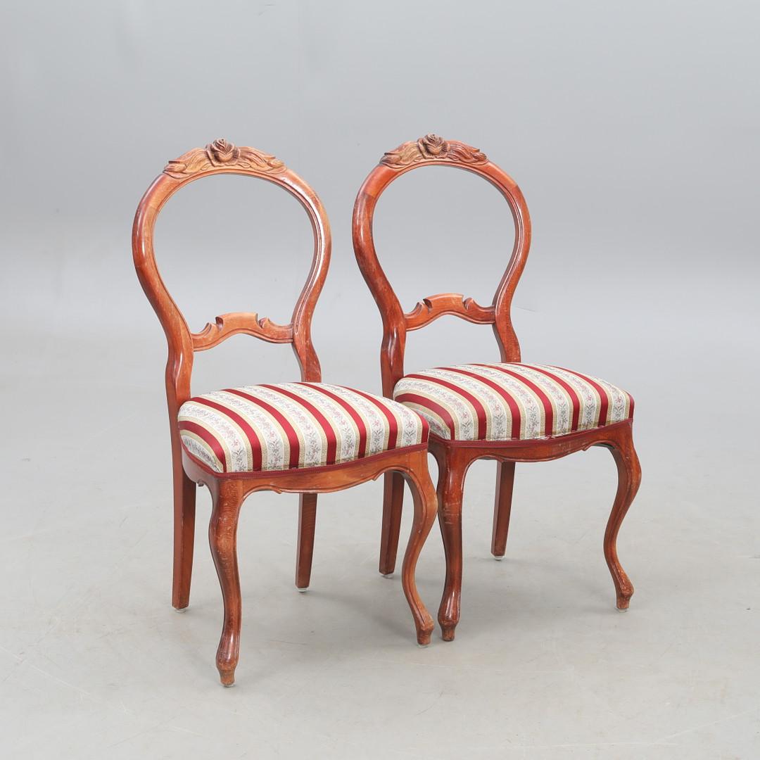 Pair of Antique Victorian Chair & Side Table Set featuring carved wooden frames and striped upholstered seats in classic style