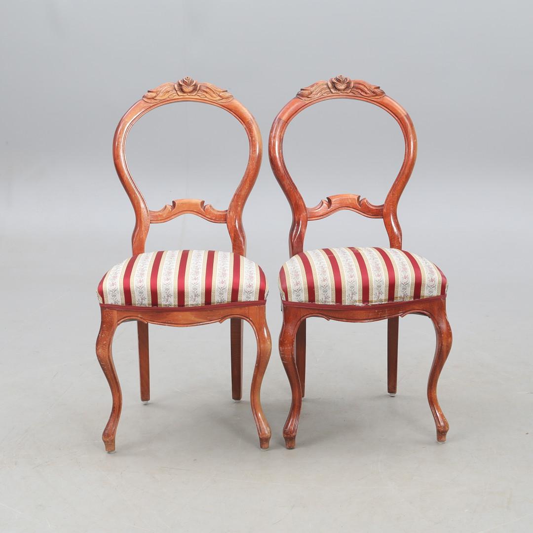 Antique Victorian Chair & Side Table Set featuring carved wooden frames and striped upholstered seats in vintage style