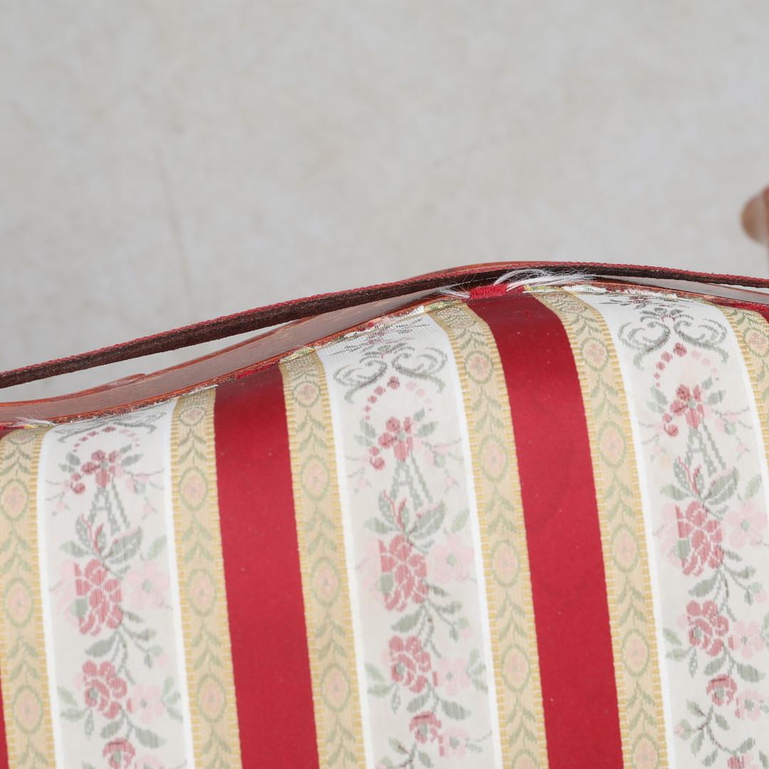 Close-up of floral and red striped upholstery on Antique Victorian Chair & Side Table Set showcasing vintage elegance