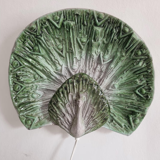 Ceramic Peacock Wall Lamp – Inger & Albert Jansson, Sweden 1990s with textured green and white ceramic design.