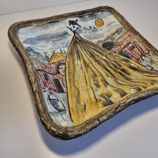 Signed Scandinavian Ceramic Wall Plate – Hand-Painted Rural Scene, Mid-Century with rustic village and yellow tent motif