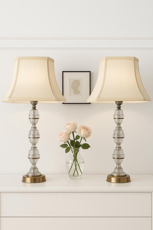 Signed Carl Fagerlund Table Lamp Pair – Orrefors Crystal & Brass, Original Shades, Swedish Mid-Century (1960s) __etsy:6958523488