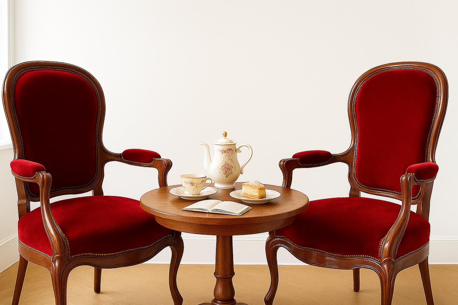 Vintage French Baroque Louis XV Armchairs – Rococo Revival Red Velvet Chairs paired with a wooden round table set for tea.