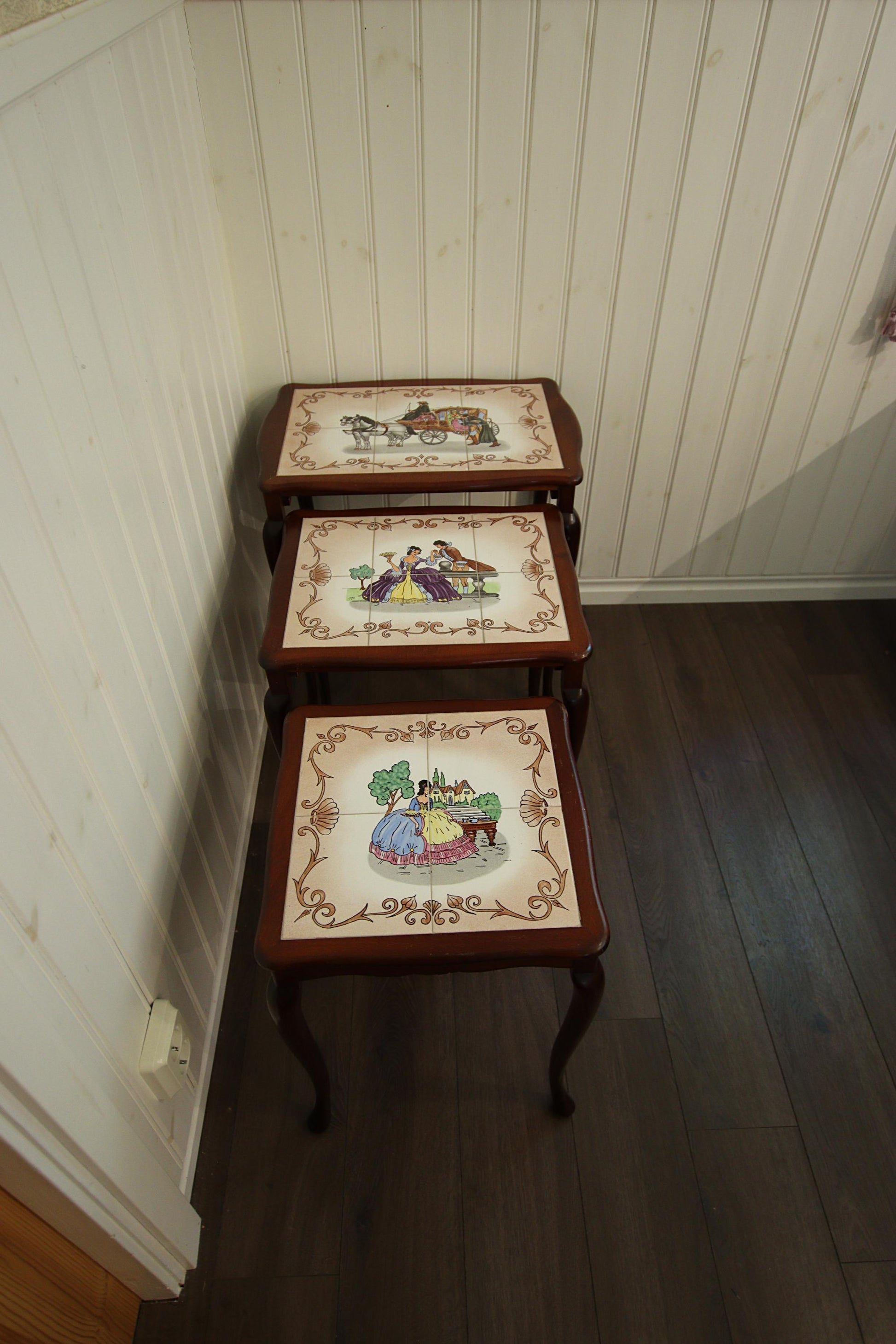 Rococo Nesting Tables: Hand-Painted Ceramic Tiles, 1960s Swedish Design with vintage Scandinavian decor scenes