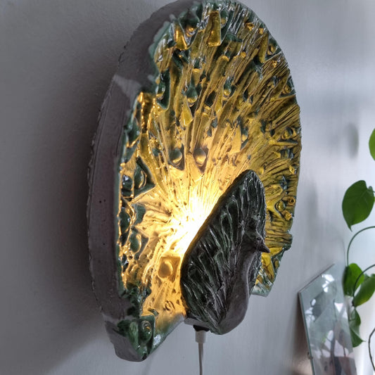 Ceramic Peacock Wall Lamp – Inger & Albert Jansson, Sweden 1990s with textured green and yellow ceramic design illuminated on wall
