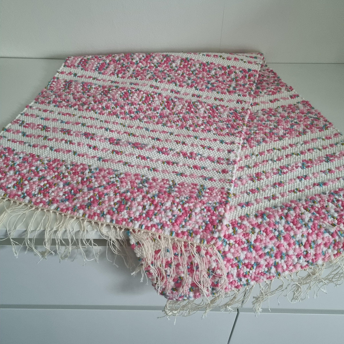 Handwoven Swedish Table Runner: Pink & White Scandi Boho Rug
