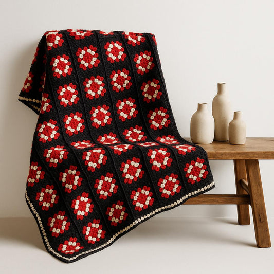 Vintage Crochet Granny Square Blanket: Handmade Wool Throw, Retro Boho Decor draped over wooden bench with minimalist vases nearby