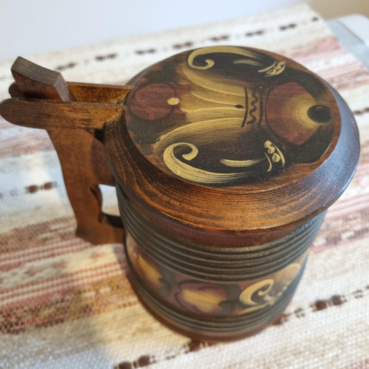 Vintage Hand Painted Rosemåling Mug: Swedish Folk Art Wooden Beer Stein with floral decorative lid and carved handle