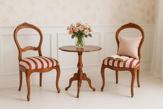 Antique Victorian Chair & Side Table Set with floral centerpiece and striped velvet upholstery in bright room