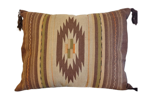 Handwoven Scandinavian Pillow Cover: Brown & Orange Geometric Cushion with tassels and traditional Nordic folk art design