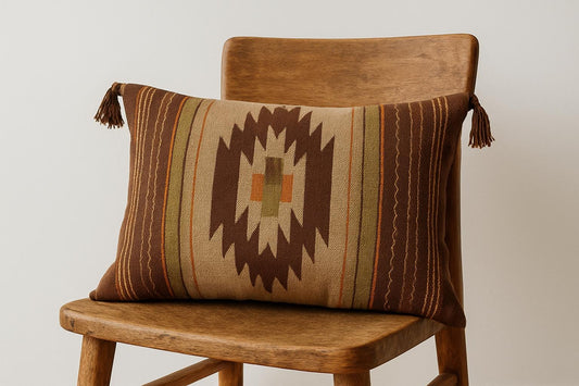 Handwoven Scandinavian Pillow Cover: Brown & Orange Geometric Cushion resting on wooden chair with tassels on corners