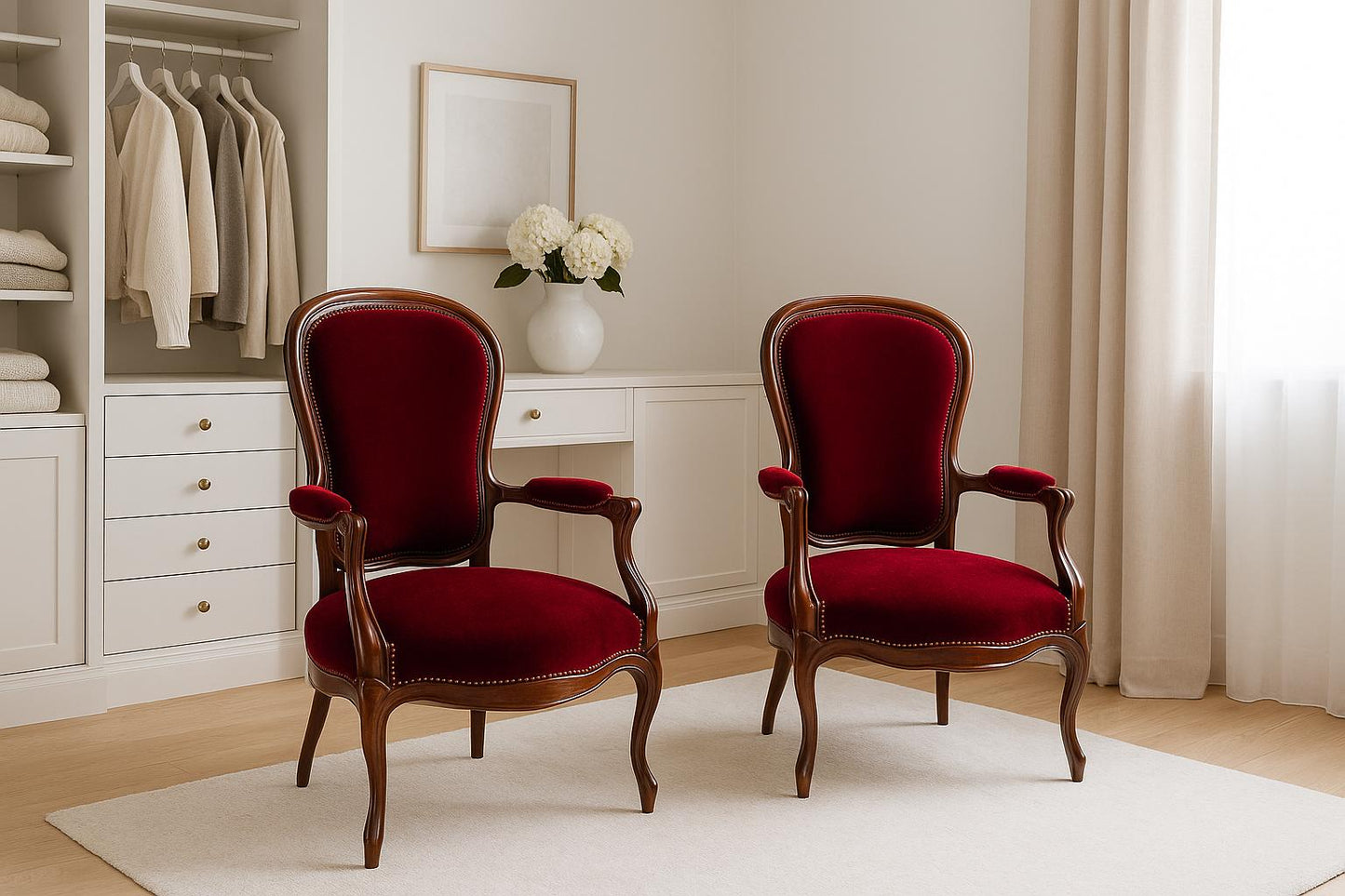 Vintage French Baroque Louis XV Armchairs – Rococo Revival Red Velvet Chairs in elegant room with natural light and neutral decor.