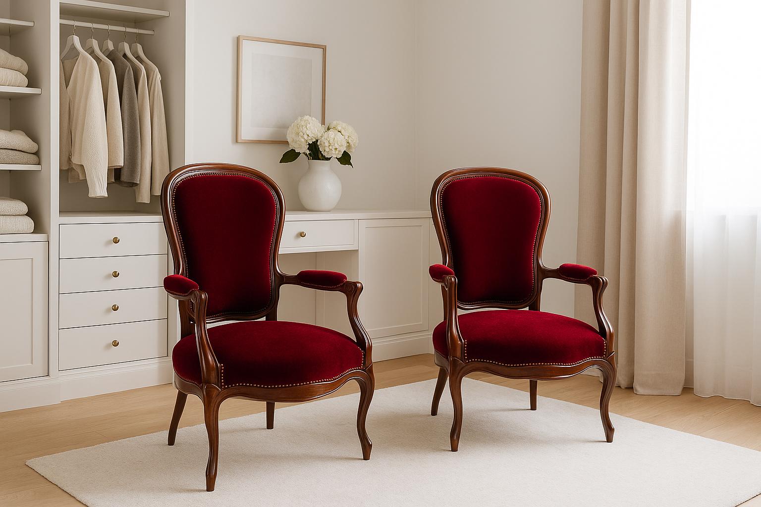 Vintage French Baroque Louis XV Armchairs – Rococo Revival Red Velvet Chairs in elegant room with natural light and neutral decor.