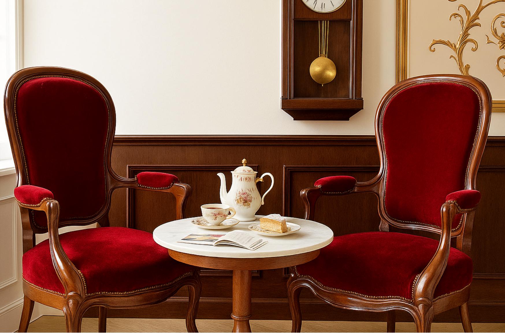 Vintage French Baroque Louis XV Armchairs – Rococo Revival Red Velvet Chairs with tea set on round wooden table