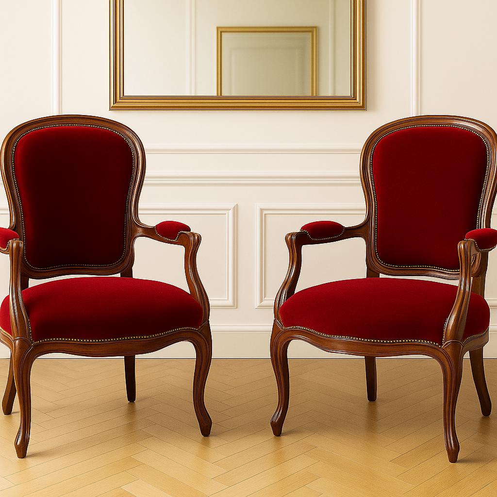 Vintage French Baroque Louis XV Armchairs – Rococo Revival Red Velvet Chairs with carved wooden frames in elegant room setting