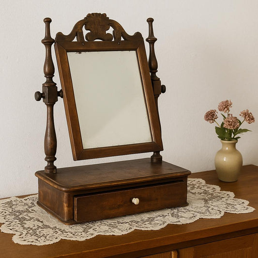 Antique Swedish Shaving Mirror: Turned Wood Swivel Stand & Drawer on lace runner with vase and flowers nearby