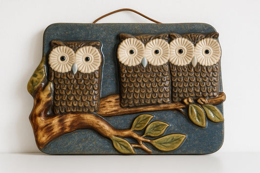 Vintage ceramic Three Wise Owls Wall Plaque – Willy Fischer for EGO Sweden – 1970s Scandinavian Stoneware Art Amazing Vintage wall plaque