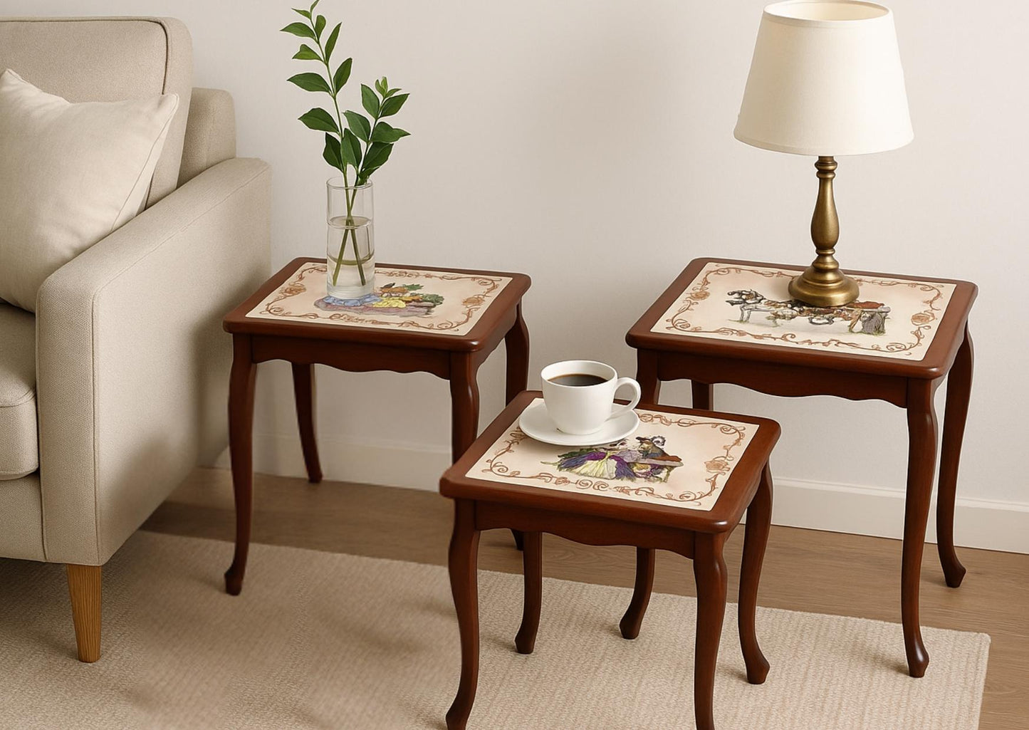 Rococo Nesting Tables: Hand-Painted Ceramic Tiles, 1960s Swedish Design with vintage Scandinavian decor elements